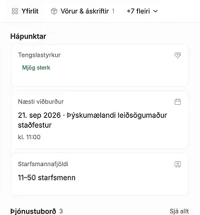 Fyrirtækjaspjald í Grunni: samskipti, tilboð og verkefni tengd sama fyrirtækinu